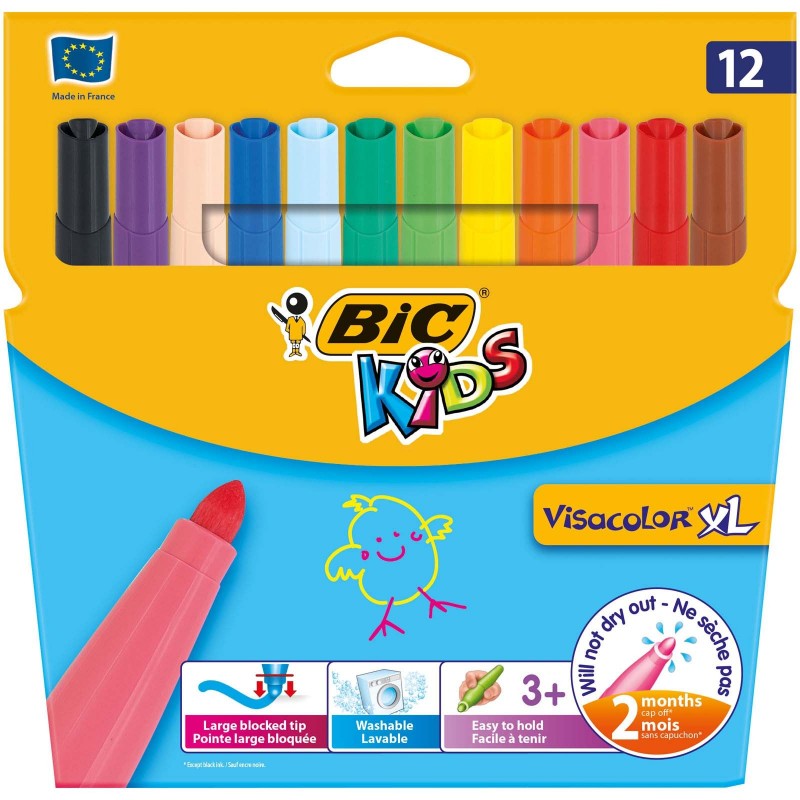 BIC Pochette de 12 feutres à dessin pointes extra-larges encre lavable CONTE